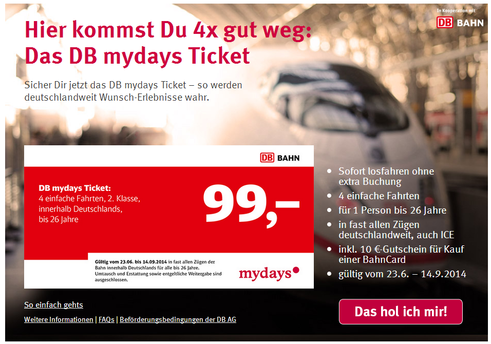 DB mydays Ticket - Nur 99 € für 4 Fahrten durch Deutschland