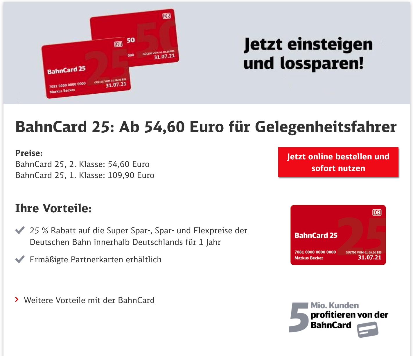 BahnCard Aktion Die BahnCard 25 für die 1. & 2. Klasse