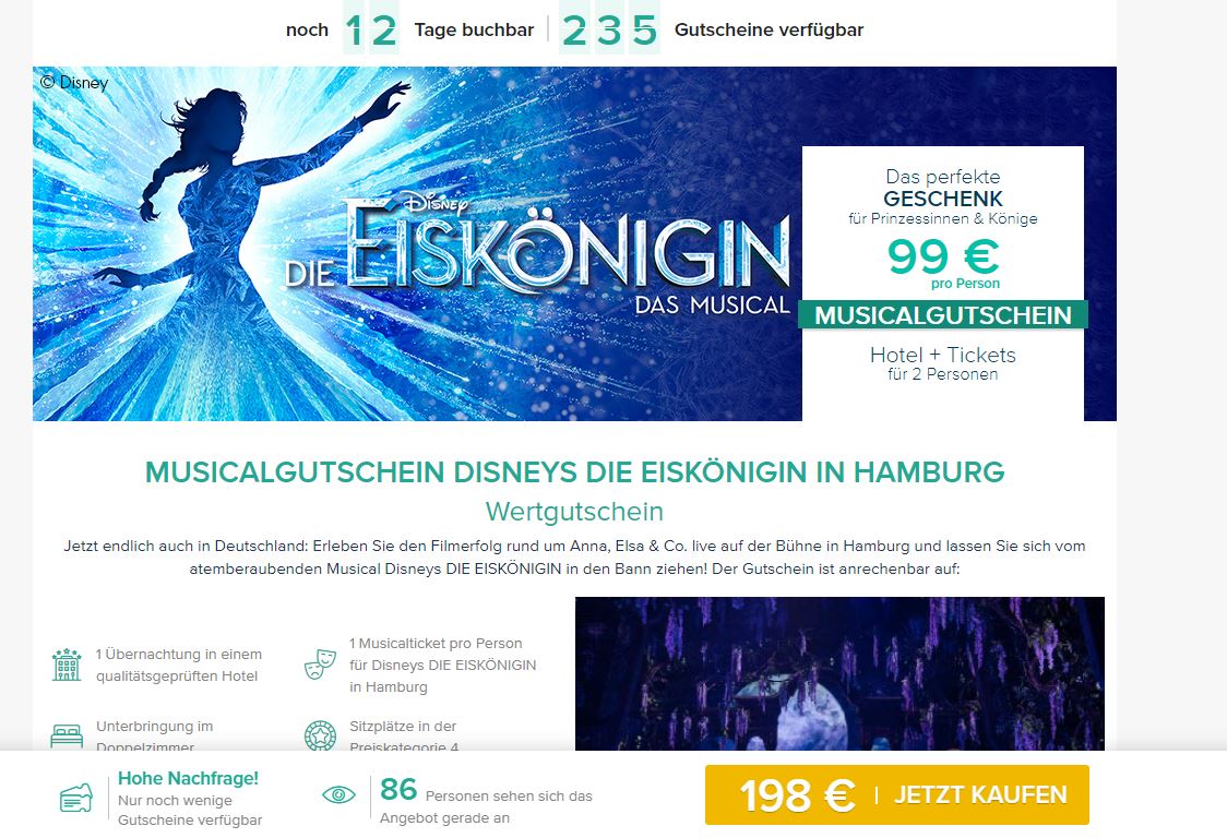 DISNEYS EISKÖNIGIN Gutschein: 2 Tage Hamburg Inkl. Musical-Ticket ...