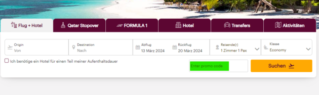 Suchmaske Qatar Airways Holidays und Feld für Promocodes .