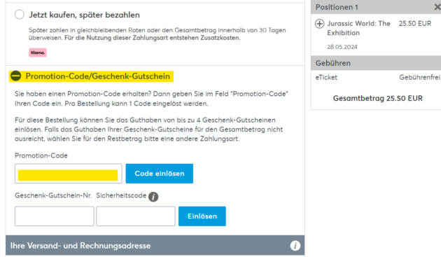 So löst Ihr Gutscheincodes und Rabattcodes während der Online-Ticketbestellung bei Ticketmaster ein. In diesem Screenshot haben wir das Feld für Euch gelb hervorgehoben.