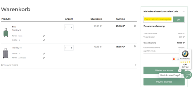 travelite Gutscheincode während der Bestellung einlösen