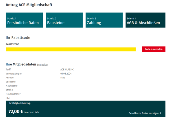 Das Eingabefeld für Rabattcodes findet Ihr im Mitgliedschaftsantrag unter Schritt 4 "AGB & Abschließen" (hier im Screenshot gelb markiert).