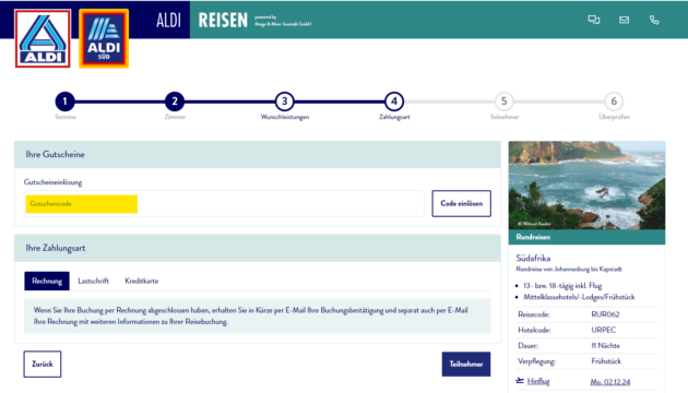 Aldi Reisen Gutscheincode einlösen