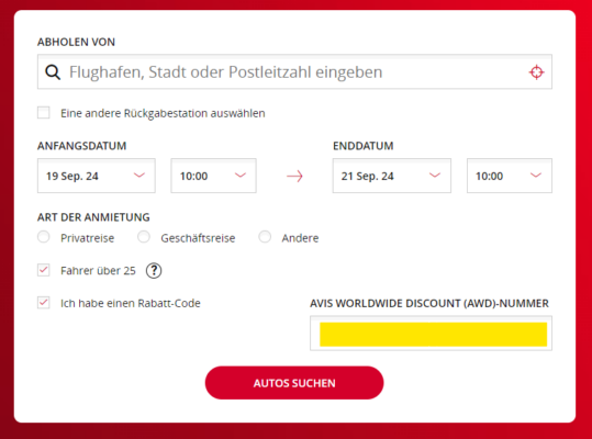 AVIS Rabattcodes könnt Ihr direkt in der Suchmaske einlösen