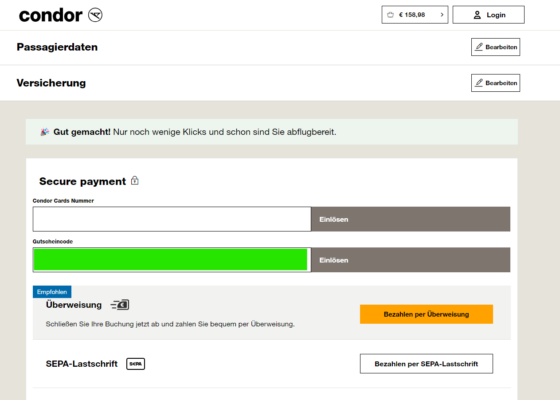 Condor Gutscheincode einlösen