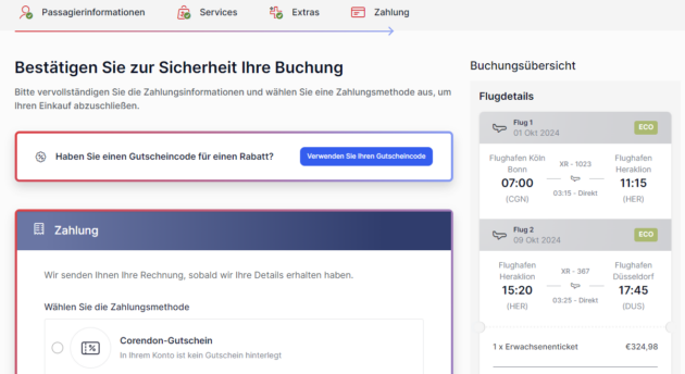 Euren Gutscheincode für Corendon Airlines könnt Ihr im letzten Buchungsschritt unter Zahlung einlösen.
