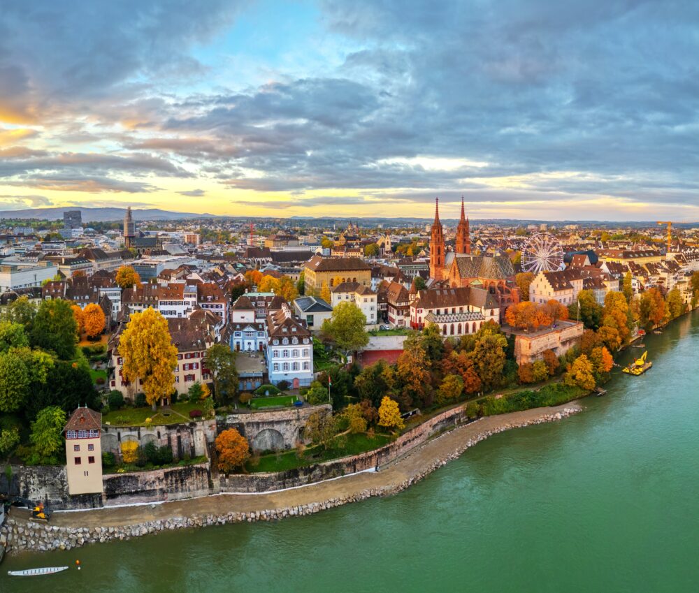 Basel,,Switzerland,On,The,Rhine,River,At,Dusk,In,Autumn.