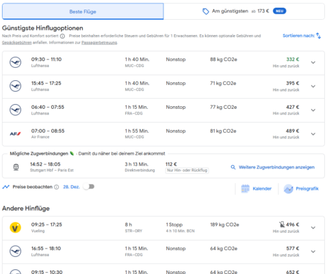 Google Flights Screenshot Ergebnisse