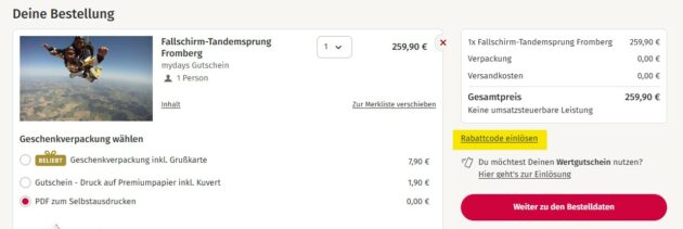 mydays Warenkorb Rabattcode